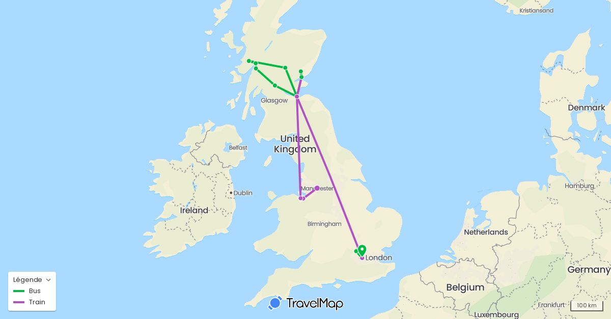 TravelMap itinerary: driving, bus, train in United Kingdom (Europe)